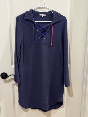 Sundry Lace Up Mini Dress in Cotton Gauze Blue Pockets Size Small